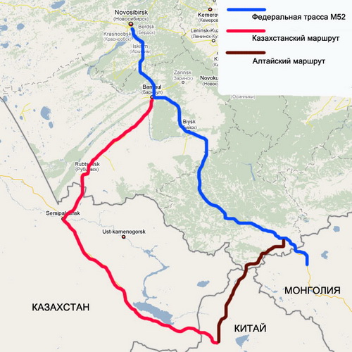 Схема предлагаемого маршрута из Новосибирска в Китай через территорию Казахстана