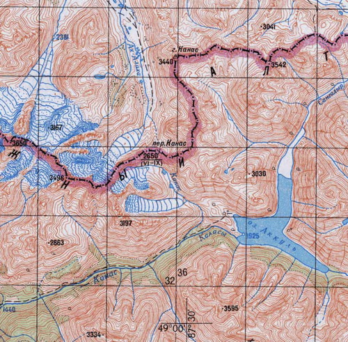 Озеро Аккуль на топографической карте