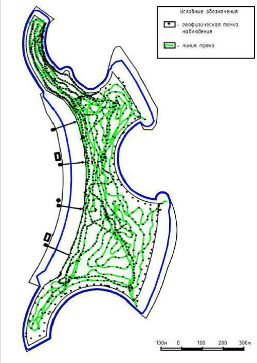 Карта обследования донной части озера методом электроразведки