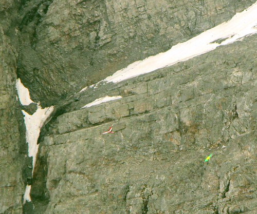 Фотография скалы, на которой видно бело-красное крыло параплана и зеленый запасной парашют