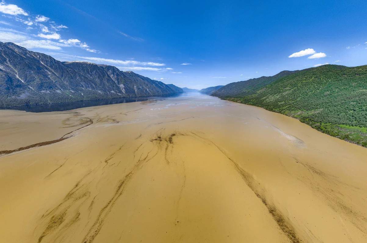Слияние мутных вод Чулышмана с прозрачным Телецким озером отсняли в Алтайском заповеднике